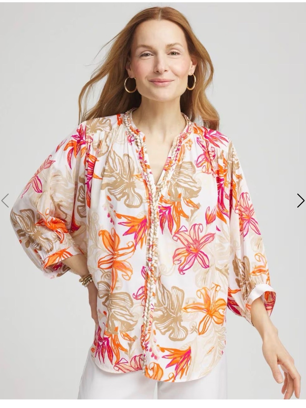 Chicos Cream Floral Boho Blouse with Orange & Tan Print